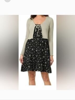 Wallflower Black Floral Tiered Mini Dress with Sage Cardigan